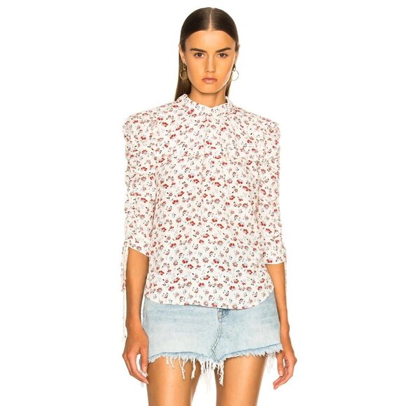 VERONICA BEARD Howell Red Floral Silk Ruffled Yoke Ruched Sleeve Blouse, Size 2 - Picture 2 of 16